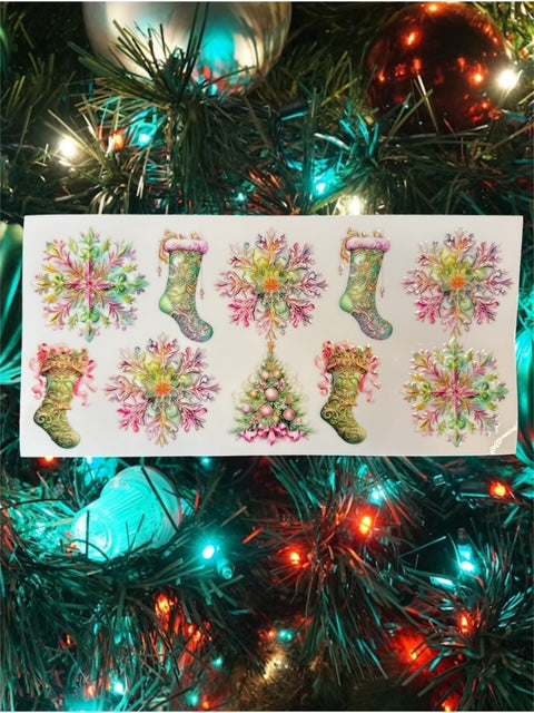 602. Pink and Green Snowflakes and Stockings Embellishment UVDTF