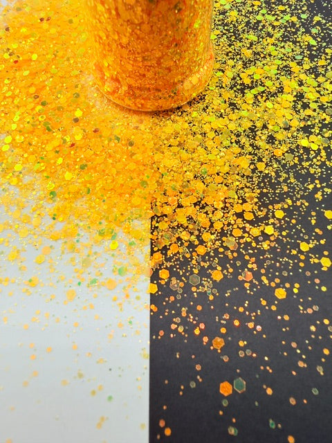 Forbidden Flame- Orange Chrome Pearl Shimmy Chunky Mixed Glitter 3-1
