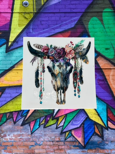 263. Boho Floral Cow Skull Decal
