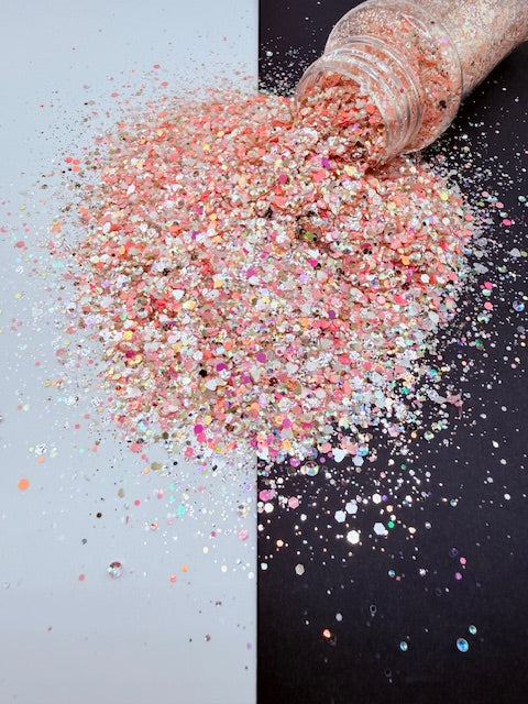 Seaside Silk- Pink White Textured Gold with Pearl and Hearts Chunky Custom Mixed Glitter 11-5