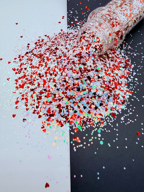 Kiss & Tell- Opal Color Shift Glitter with Red Metallic Hearts Chunky Mixed Glitter 13-10