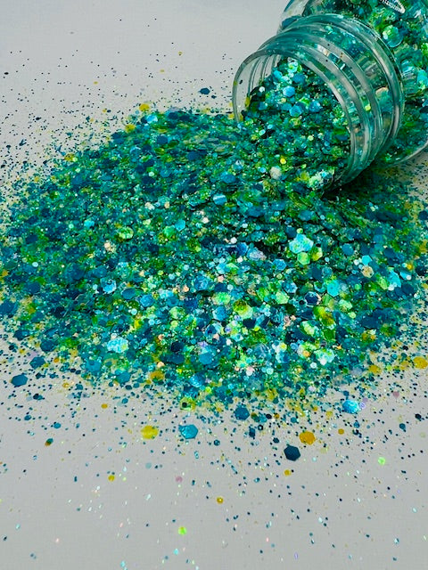Island Girl- Custom Mixed Blue Yellow Green Mixed Glitter 3-4