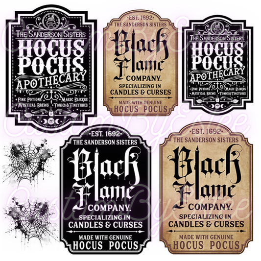 T. ELEMEMT SHEET- Black Flame Candle Labels- Hocus Pocus