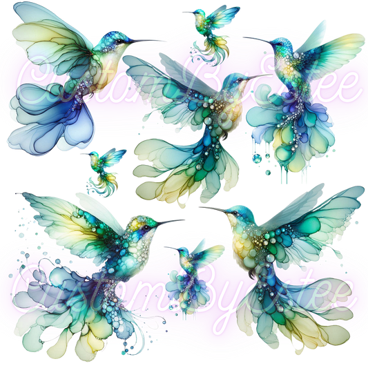 C34. ELEMENT SHEET- Blue Green Watercolor Hummingbirds