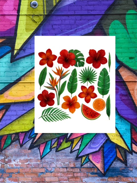 127.  Tropical Leaves and Flowers Embellishment Decal