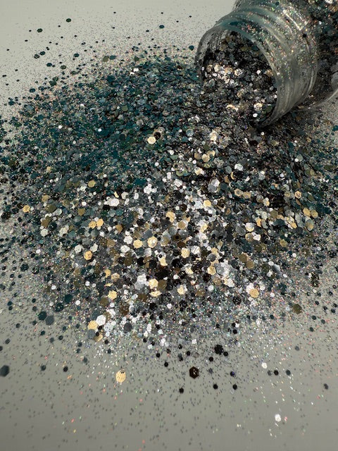 **RETIRING** Grease Lightning - Gun Metal and Gold Holographic Chunky Mixed Glitter 7-8