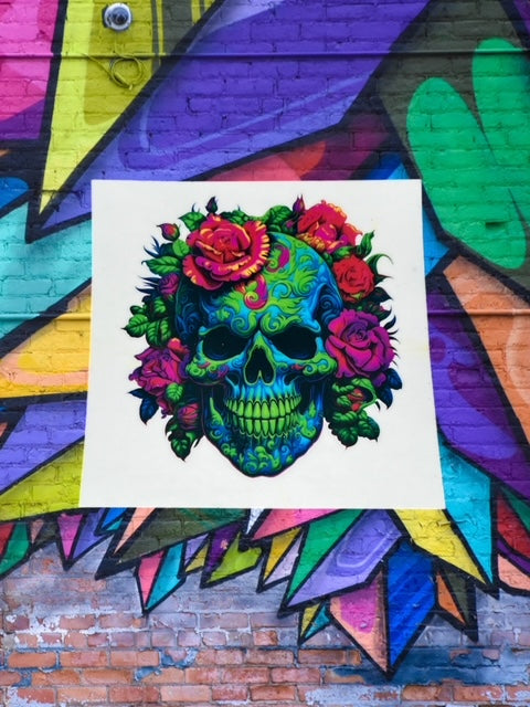 299. Vibrant Green Blue Rose Skull Decal