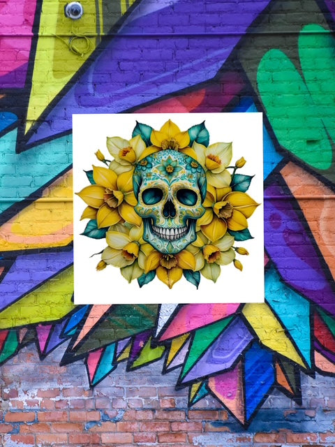 436. Blue Yellow Floral Skull Decal