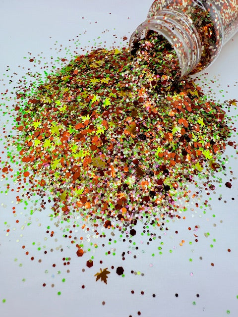 Falling Leaves - Brown Gold Green Purple Mixed Glitter with Gold Fall Leaves 11-5