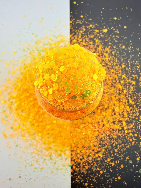 Forbidden Flame- Orange Chrome Pearl Shimmy Chunky Mixed Glitter 3-1