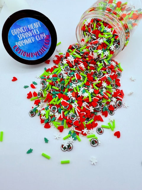 1. Grinch Heart Sprinkles- Polymer Clay Pieces