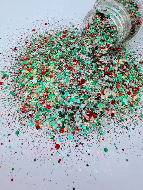Merry Magic- Red Green White Opal Snowflake Custom Mixed Chunky Glitter
