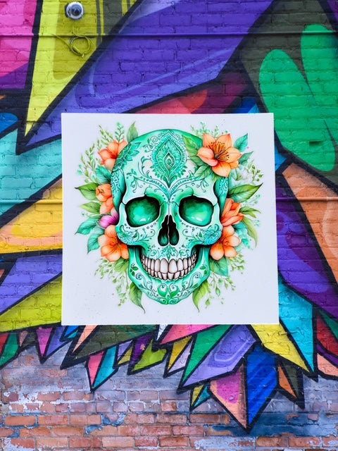 445. Green Floral Skull Decal