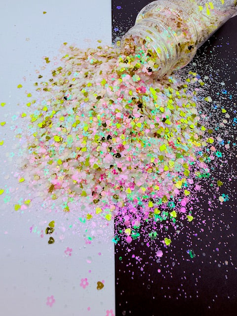 Lover Boy - White Pink Color Shift Chunky Glitter Mixed with Iridescent Flowers and Metallic Gold Hearts 12-4