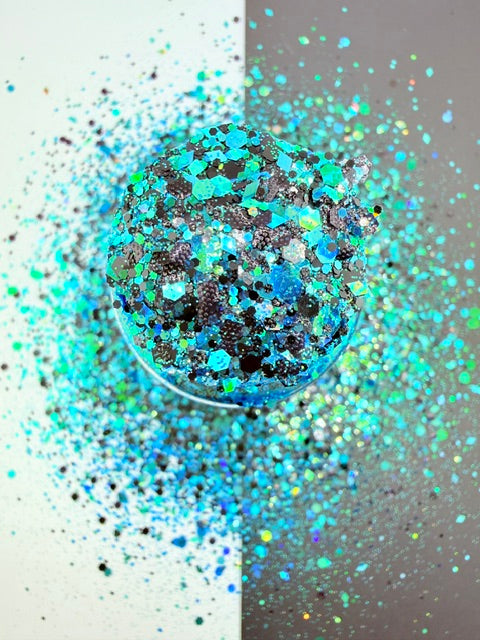 Sinister Siren- Black and Teal Holo Textured Custom Chunky Mixed Glitter