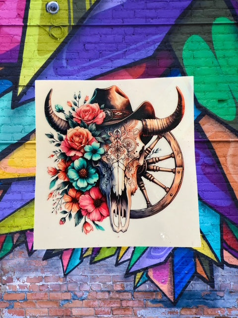 192. Cow Skull Wagon Wheel Floral Decal