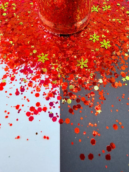Satin Stocking- Luxe Red and Gold Snowflake Chunky Custom Mixed Glitter