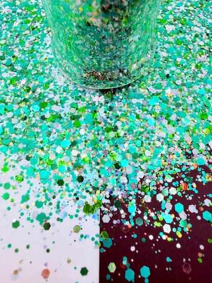 Icey Emerald- Green White Holographic Snowflake Chunky Custom Mixed Glitter