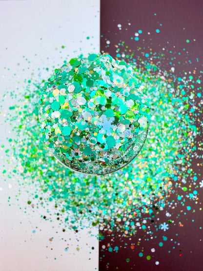 Icey Emerald- Green White Holographic Snowflake Chunky Custom Mixed Glitter