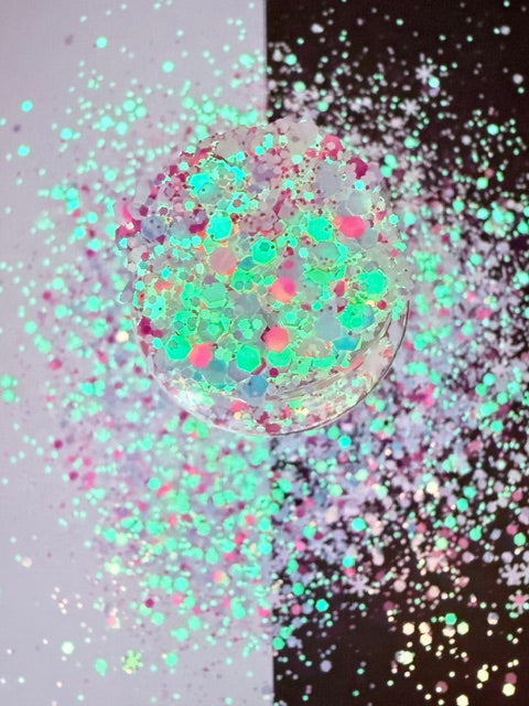 Lollipop Lane- GLOW Pink Opal Snowflake Chunky Custom Mixed Glitter