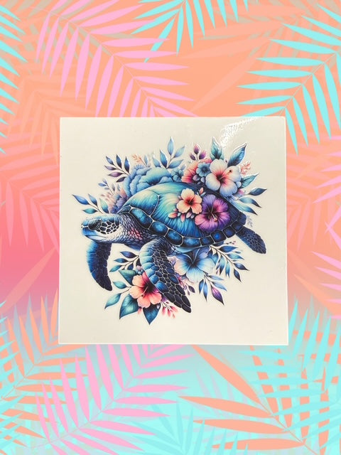 504. Blue Floral Sea Turtle Decal