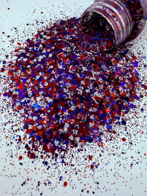 Star Spangled Sparkle - Red and Blue Custom Mixed Glitter with White Hearts 9-3
